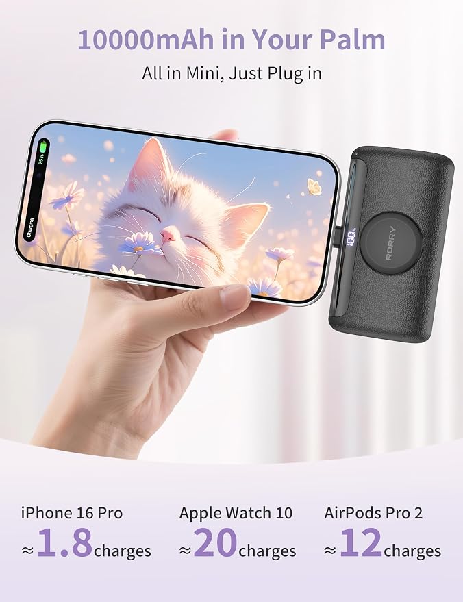 RORRY PalmGo Portable Charger Power Bank 10000mAh 3-in-1 Mini Battery Pack | Built-in USB-C Connector, 22.5W Fast Charging, for iPhone 17/16/15, Apple Watch, iPad, Travel Essential, Pocket Size