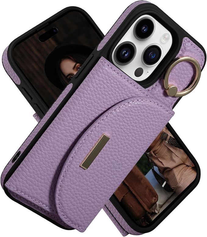 Keallce Wallet Case for iPhone 15 Pro 6.1'', Flip Case with Card Slots, Ring Holder Kickstand, PU Leather Protective Folio Cover for Women, Purple