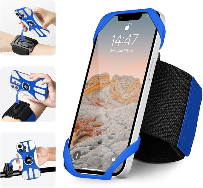3in1 Phone Holder for Running,Arm Band/Wrist Holder/Bike Mount,Phone Armbands 360° Rotation & Detachable Fit All 4.5-7" Phone for iPhone 17/16/15/Pro/14/13/12/mini/Pro Max/XS/XR (Blue)
