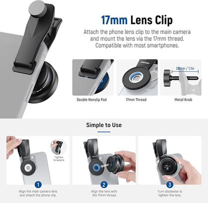 NEEWER 18mm Wide Angle Lens with 17mm Threaded Phone Camera Lens Clip, 100° FOV, 0.75X Magnification, 6 Elements in 5 Groups, Compatible with iPhone Android Samsung for Mobile Photography, LS-72