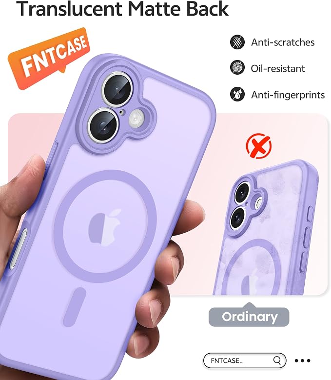 FNTCASE for iPhone 16 Plus Case: [Compatible with Magsafe] Translucent Matte Cases with [Full Camera Protection] [Screen Protector] Military Grade Shockproof Protective Phone Cover - Light Purple