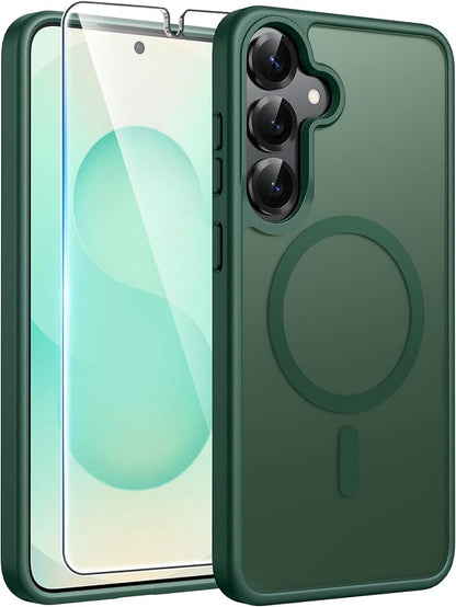 FNTCASE for Samsung Galaxy S25/S24 Plus Case, Fit Magsafe, Screen Protector | Translucent Matte Magnetic Back, 14FT Military Grade Drop Protection, Shockproof Protective Phone Cover, Green