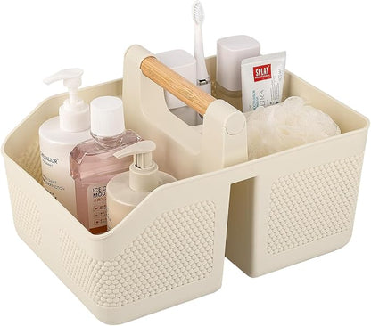 rejomiik Shower Caddy Portable with Bamboo Handle, Plastic Basket Cleaning Caddy Organizer Storage Tote for Bathroom, College, Dorm Room Essentials, Cream