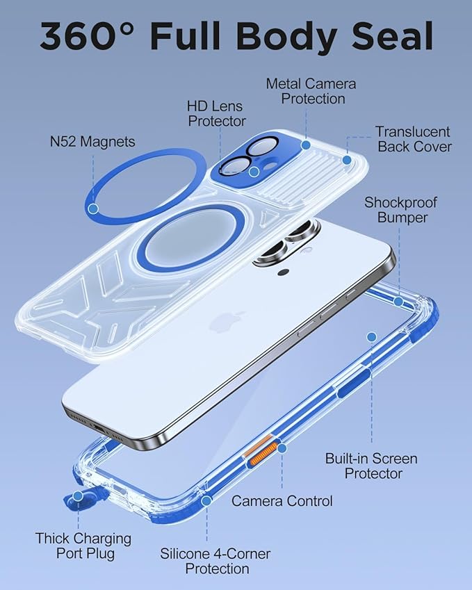 for iPhone 16 Waterproof Case with Magsafe, Built-in [Camera & Screen Protector] [Lanyard], IP68 Water Proof Full Body Dustproof Heavy Duty Frosted Protective Phone Cover, 6.1" Blue