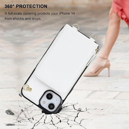 KIHUWEY Crossbody Wallet Case for iPhone 13 iPhone 14, Zipper Pocket Case with Card Holder, PU Leather RFID Blocking Protective Cover Case with Kickstand Detachable Wrist Strap Lanyard 6.1" (White)