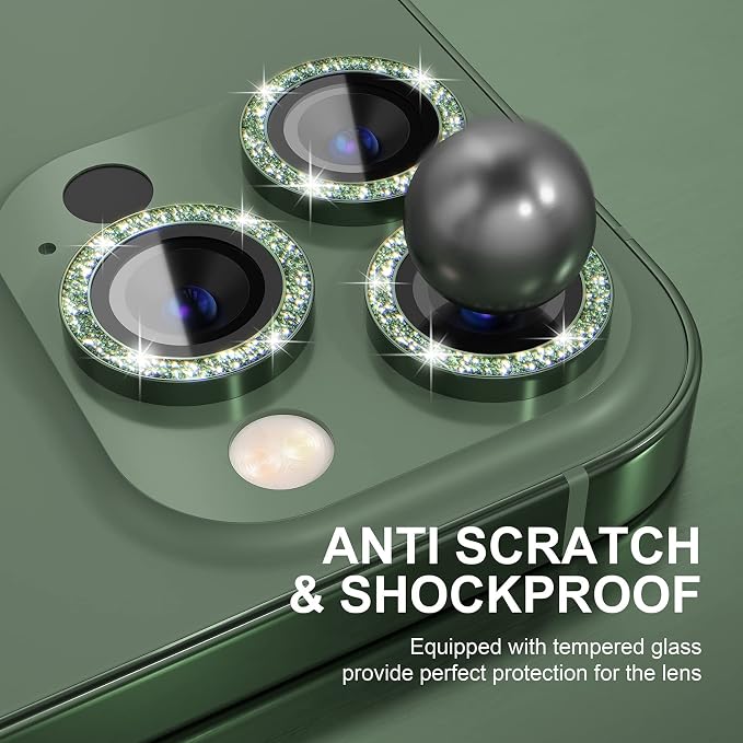 Choiche Compatible for iPhone 13 Pro/iPhone 13 Pro Max Camera Lens Protector Bling, 9H Tempered Glass Camera Cover Screen Protector Metal Ring Decoration Accessories (Glitter-Alpine Green)