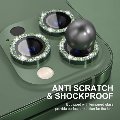 Choiche Compatible for iPhone 13 Pro/iPhone 13 Pro Max Camera Lens Protector Bling, 9H Tempered Glass Camera Cover Screen Protector Metal Ring Decoration Accessories (Glitter-Alpine Green)
