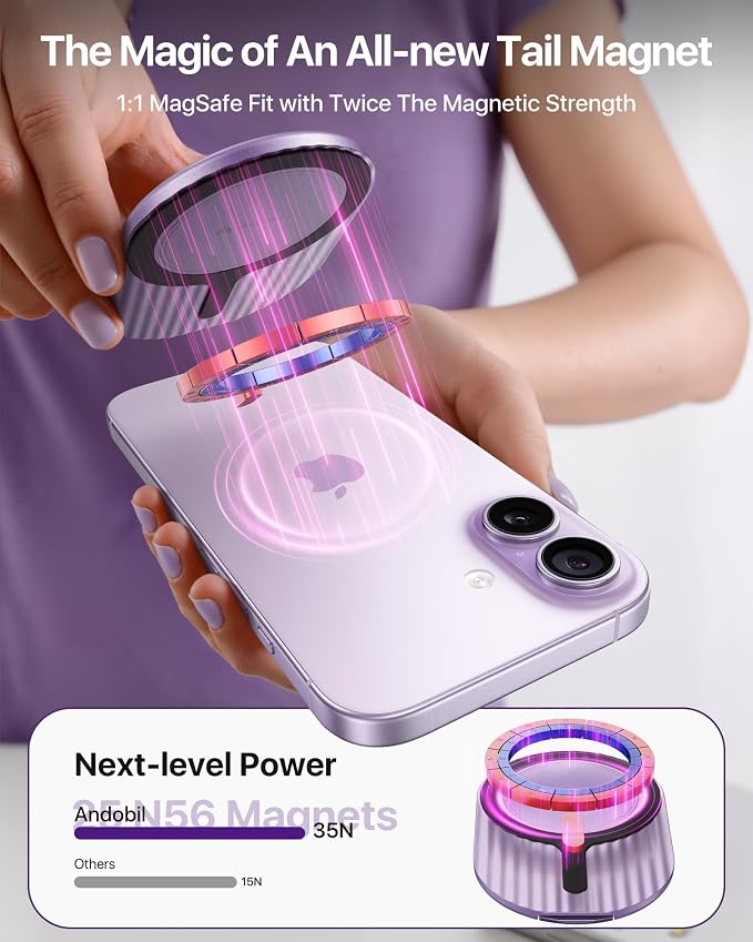 andobil [2026 All-New] Magnetic Phone Grip for Magsafe with Finger Strap [Comfortable & Durable] Magnetic Phone Ring Holder for MagSafe Accessories & iPhone 17 Air 16 Pro Max Plus 15 14 13 12, Purple