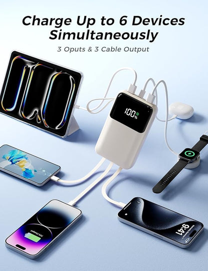 Power Bank, 15000mAh Portable Charger with Built in Cable, 22.5W Fast Charging, 6 Outputs, Slim Travel Essential Battery Pack with LED Display, Compatible with iPhone 17/16/15/14/13, iPad Beige