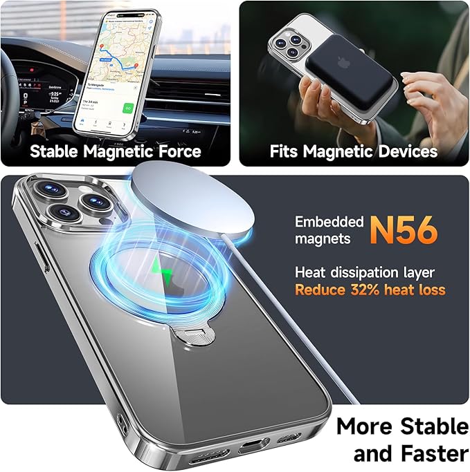 [Tri-Shield Protection] for iPhone 15 Pro Max Case with 360° Spin Stand Compatible with MagSafe [Magnetic CD Ring][Screen & Camera Protector]Shockproof Plating Never-Yellowing, Natural Titanium-6.7"