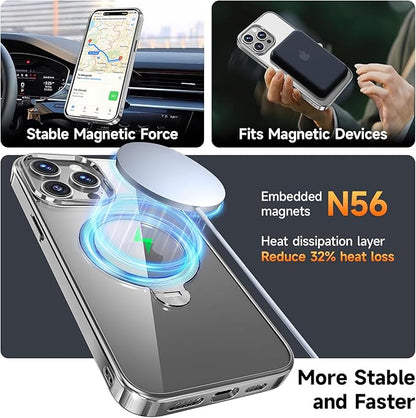 [Tri-Shield Protection] for iPhone 15 Pro Max Case with 360° Spin Stand Compatible with MagSafe [Magnetic CD Ring][Screen & Camera Protector]Shockproof Plating Never-Yellowing, Natural Titanium-6.7"