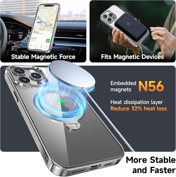[Tri-Shield Protection] for iPhone 15 Pro Case with 360° Spin Stand Compatible with MagSafe [Magnetic CD Ring][Screen & Camera Lens Protector] Shockproof Plating Never-Yellowing, Natural Titanium-6.1"