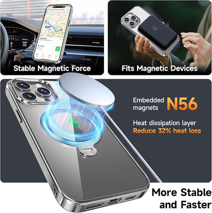 [Tri-Shield Protection] for iPhone 15 Pro Case with 360° Spin Stand Compatible with MagSafe [Magnetic CD Ring][Screen & Camera Lens Protector] Shockproof Plating Never-Yellowing, Natural Titanium-6.1"