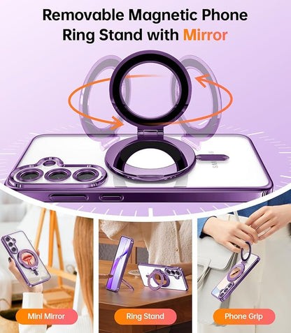 Meifgino Magnetic Case with Removable Phone Ring Stand for Samsung Galaxy S25 Plus, [Glitter Card & Wrist Strap] [MagSafe Compatible] [Built in Mirror] Phone Ring Stand + Phone Case Kit, Purple