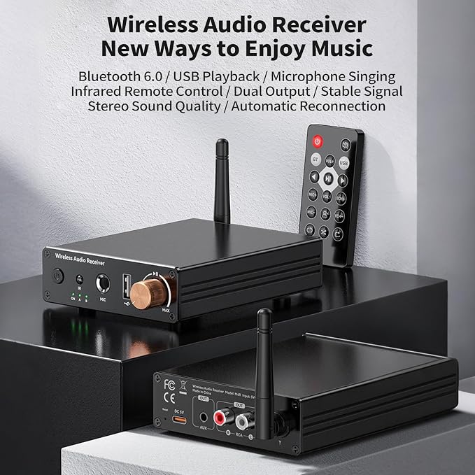 M6R Bluetooth 6.0 Receiver Audio Receivers Support Microphone Singing U Disk Playback Infrared Remote Control Dual Output,for Old Stereo/Speakers/Wired Speakers/Home Audio Music Streaming Etc