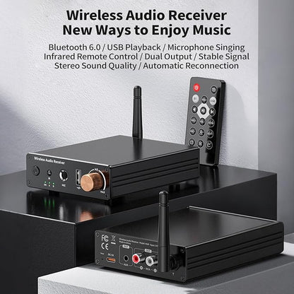 M6R Bluetooth 6.0 Receiver Audio Receivers Support Microphone Singing U Disk Playback Infrared Remote Control Dual Output,for Old Stereo/Speakers/Wired Speakers/Home Audio Music Streaming Etc