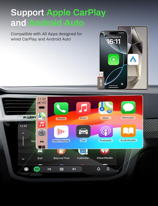 2026 Wireless CarPlay Adapter Support Apple CarPlay & Android Auto, 2-in-1 USB A & USB C Mini Bluetooth Dongle Convert Wired to Wireless Compatible with iPhone & Android