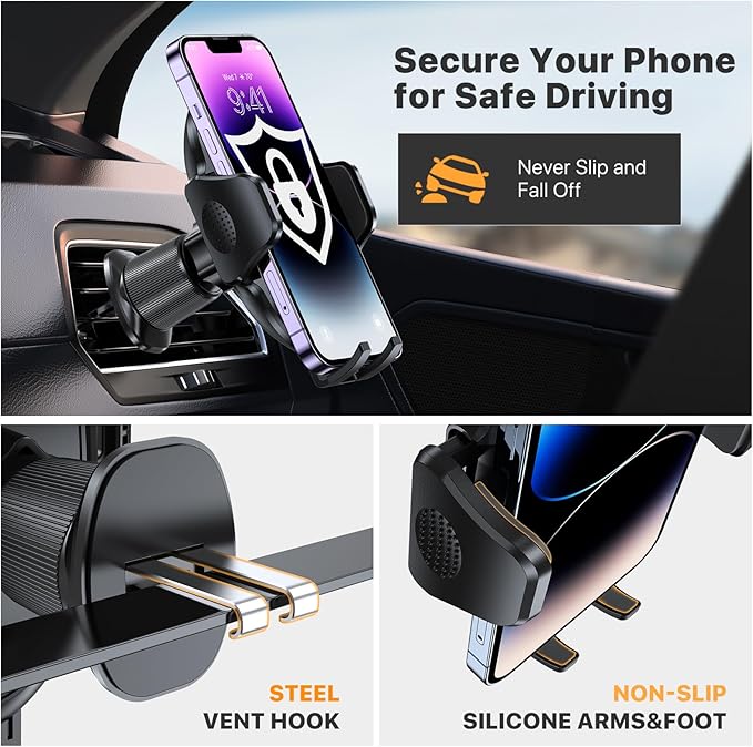 Miracase Phone Holders for Your Car with Metal Hook Clip, Air Vent Cell Phone Stand Car Mount, Universal Automobile Cradle for Garmin GPS Fit iPhone Android and All Smartphones, Carbon Fiber 2 Pack