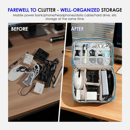 Travel Organizer Bag Waterproof Electronic Accessories Cosmetic Storage Pouch Portable Carry Case for Cable Charger Earphone Makeup Travel Business Trip Office (Light blue)