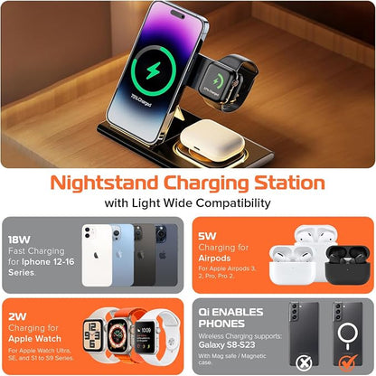 Spracht Flex Charge 3-3 in 1 Charging Station, Portable Charging Station for Smartphones, Smart Watches, Earbuds – 25W Fast Wireless Charger Stand Night Light – Foldable Travel Charger 3 in 1 (Black)