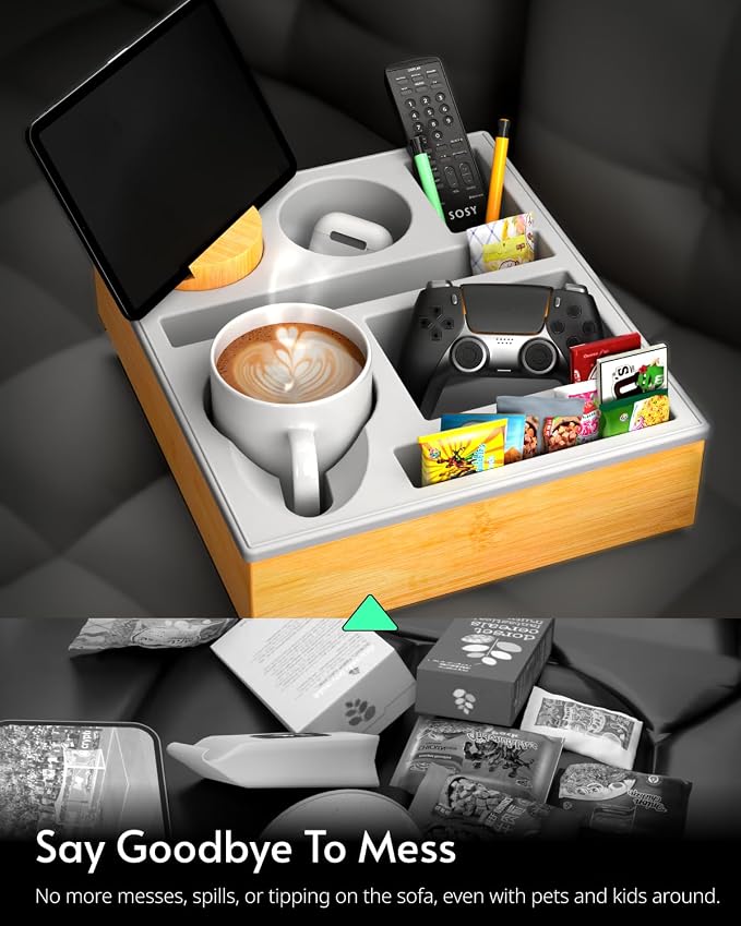 Couch Cup Holder Tray - Couch Organizer Caddy, Silicone Beach Caddy with Cup Holder, Sofa and Bed Drink Holder and Couch Tray Table for Snacks Beverage Remote (Gray)