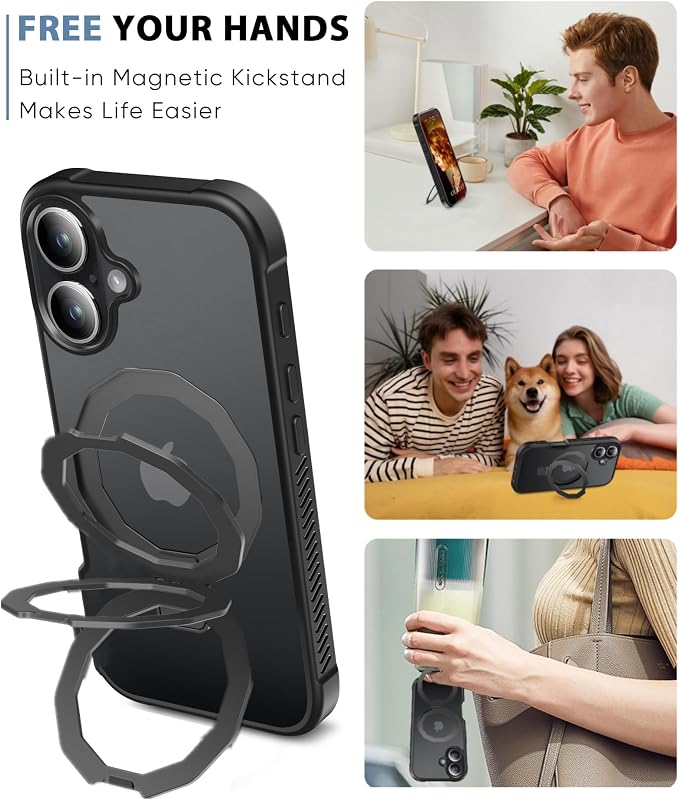 for iPhone 17 Case with Screen Protector, Built-in Seamless Stand, [Compatible with MagSafe] Protective Shockproof Phone Case, Magnetic Slim Cover for iPhone 17 6.3 Inch - Black