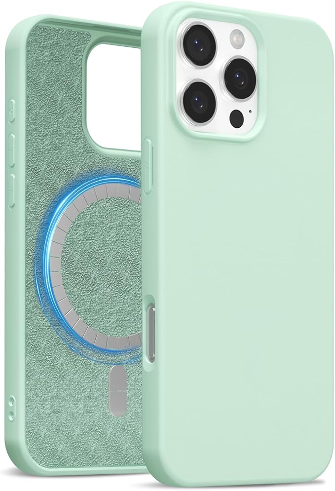 for iPhone 16 Pro Case Silicone Compatible with Magsafe Case, Ultra Slim Thin Magnetic Phone Cases Mag Safe, Cute Soft Rubber Gel TPU Matte Plain Wireless Charging Cover for Women, Mint Green