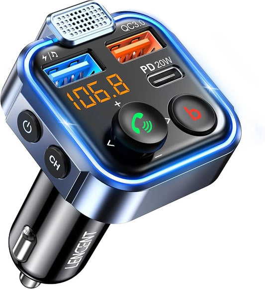 LENCENT FM Transmitter in-Car Adapter, Type-C PD 20W+ QC3.0 Fast USB Charger, Wireless Bluetooth 5.3 Radio Car Kit, Hands-Free Calling, MP3 Player Receiver Hi Fi Bass, Support U Disk