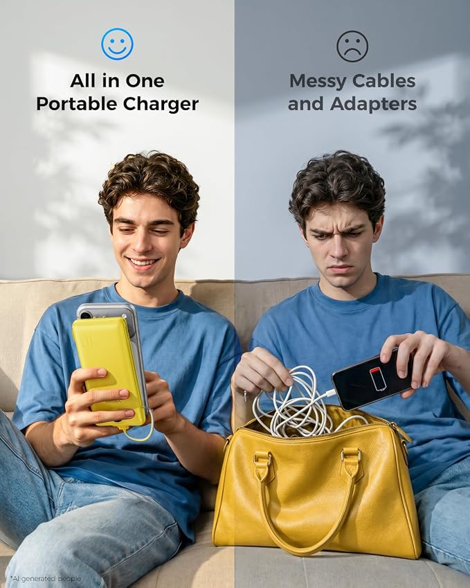 VEGER Portable Charger with Built-in AC Plug and Cables, All in One 10000mAh Ultra Slim Power Bank Travel Essentials, USB C External Battery Pack Compatible with iPhone, Samsung, More, Yellow