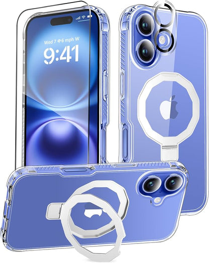 for iPhone 16 Plus Case, with Screen Protector + Camera Lens Protector, Built-in Seamless Stand, [Compatible with MagSafe] Protective Shockproof Phone Case, Cover for iPhone 16Plus - Clear