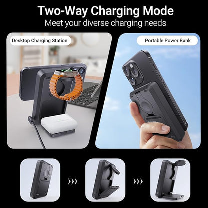 3-in-1 Portable Charger,10000mAh Foldable Power Bank Fast Charging,MagSafe Charger Battery Pack Magnetic,Travel Wireless Charging Station for iPhone 17/16/15/14/13/12,iWatch,Air pods,MatteBlack