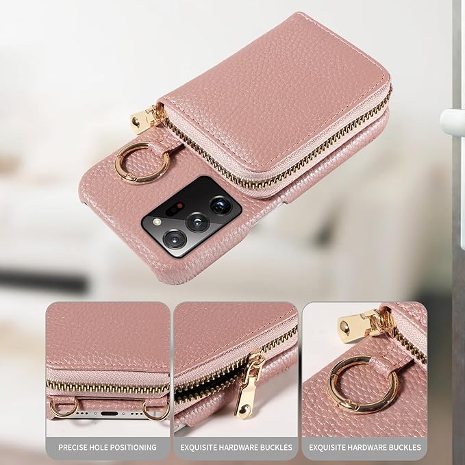 Wallet Case for Samsung Galaxy Note 20 Ultra 5G Shoulder Strap Ring Buckle Zipper Flip Organ Purse Card Holder Phone Cover for Note20 Plus Notes 20Ultra Note20+ U + 20+ Twenty Not S20 Rose Gold