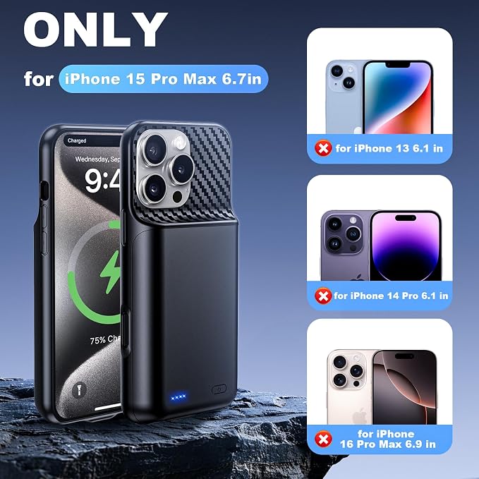 Battery Case for iPhone 15 Pro Max (6.7 inch), 2026 Upgraded High Capacity 13800mAh Battery Pack Rechargeable Charger External Charging Case with Tempered Glass Screen Protector Black
