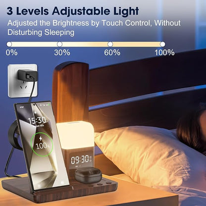 Wireless Charger for Samsung/Android, 6 in 1 Phone Nightstand Charging Station Charger with Alarm Clock/Night Light for Samsung S25/S24/S23 Ultra/Buds3,Watch Charger for Galaxy Watch 8/7/6/5-Wood