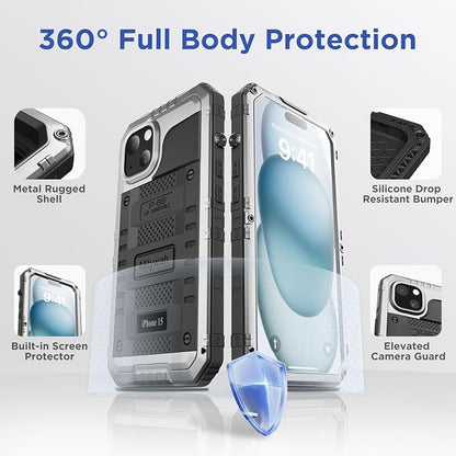Mitywah Waterproof Case for iPhone 15, Heavy Duty Shockproof Case with Built-in Screen Protector, Full Body Underwater Protective Metal Case 6.1 inch, Silver
