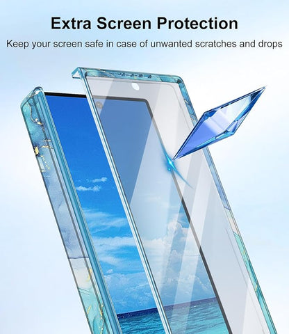 Btscase for Samsung Galaxy Z Fold 6 Case,Built in Front Screen Protector,Gold Glitter Marble Pattern Hard PC Slim Shockproof Full Body Drop Protective Case for Galaxy Z Fold 6 5G, Blue Cyan