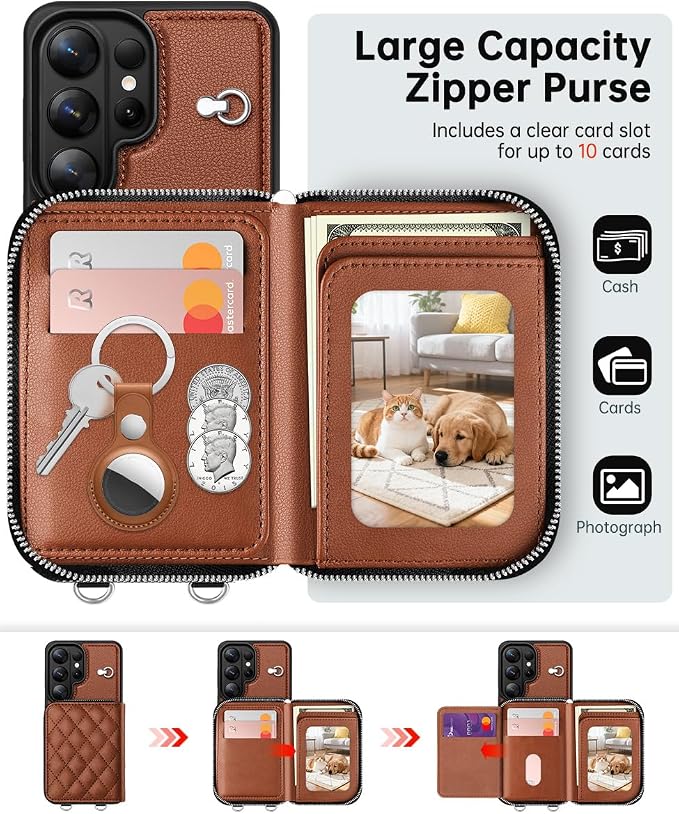 OCASE Compatible with Samsung Galaxy S26 Ultra Crossbody Wallet Case with Card Holder, PU Leather Zipper Handbag Magnetic Phone Purse with RFID Blocking Kickstand Wrist Strap Lanyard, Brown
