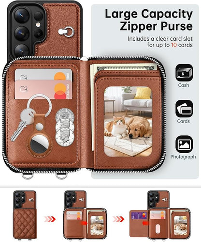 OCASE Compatible with Samsung Galaxy S26 Ultra Crossbody Wallet Case with Card Holder, PU Leather Zipper Handbag Magnetic Phone Purse with RFID Blocking Kickstand Wrist Strap Lanyard, Brown