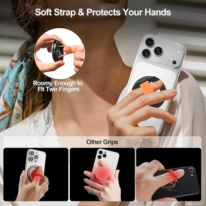 Dual-Sided for MagSafe Ring Holder, Magnetic Phone Grip&Kickstand with Soft Finger Strap, 360°Rotating Magnet Stand Grip for iPhone 17/16/15/14/13/12 Series, Gym,Car Mount
