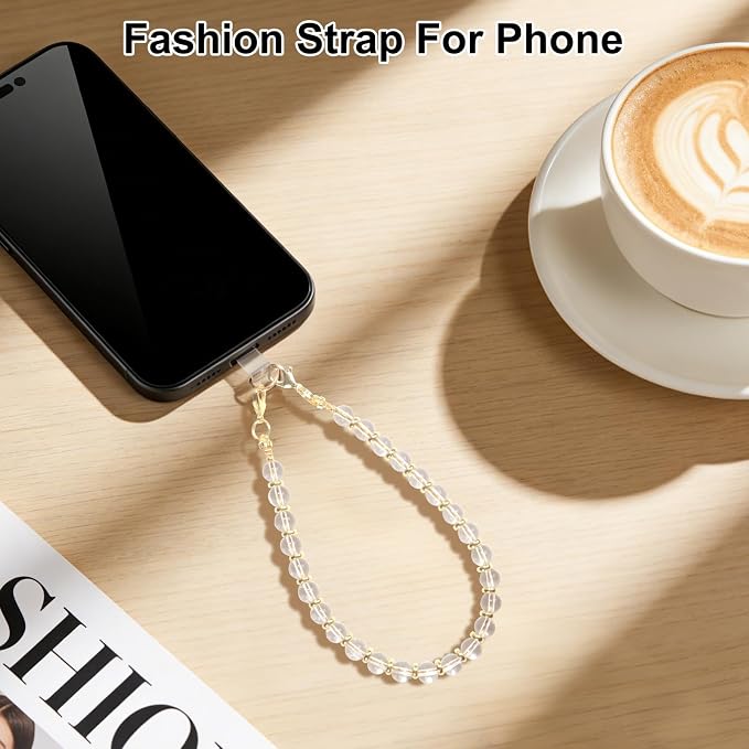 TEAMOLA Natural Stone Phone Charm, Handmade Crystal Cellphone Chain for Universal, Beaded Healing Anti Theft Phone Wrist Strap with Tether Tab, Clear Quartz