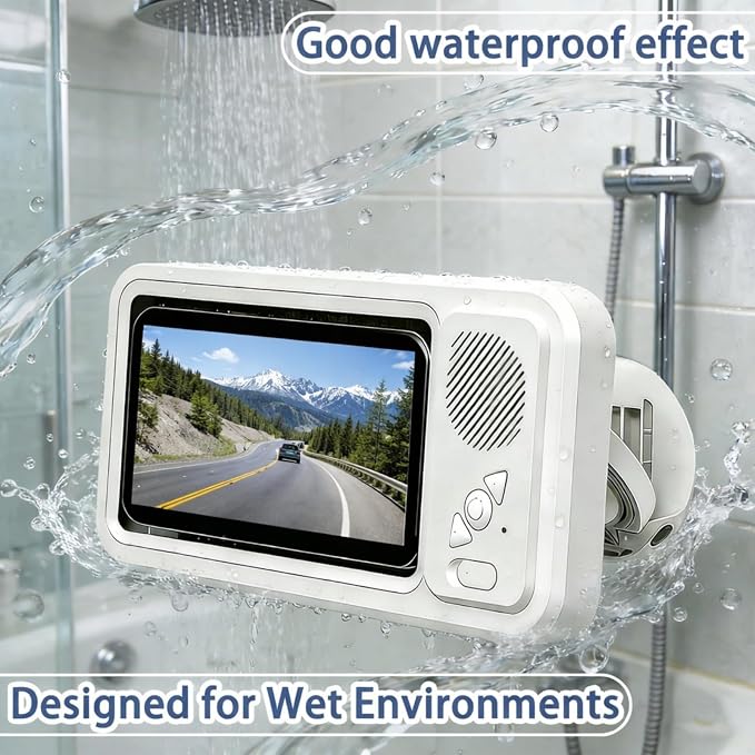 Waterproof Shower Phone Holder with Bluetooth Speaker, Touch Screen Phone Case for Shower, Wall Mounted Phone Holder with 360° Rotation, IPX5 Water Resistant (White)