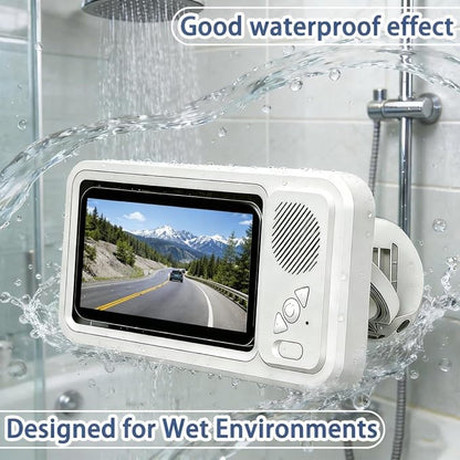 Waterproof Shower Phone Holder with Bluetooth Speaker, Touch Screen Phone Case for Shower, Wall Mounted Phone Holder with 360° Rotation, IPX5 Water Resistant (White)
