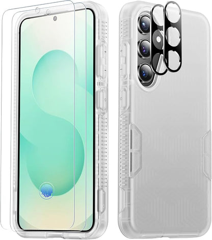 SPIDERCASE Designed for Samsung Galaxy S25 Case, [10 FT Military Grade Drop Protection], 2 Pack [Tempered Glass Screen Protector+Camera Lens Protector] Heavy Duty Shockproof Case,Frosted Clear