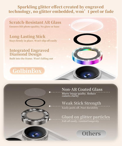 GolbinBox Camera Lens Protector for iPhone 17 Pro Max/17 Pro/16 Pro Max/16 Pro, 1:1 Invisible Fit, 9H Tempered Glass Ultra HD Metal Individual Camera Cover for Women, Case Friendly, Bling/Colorful