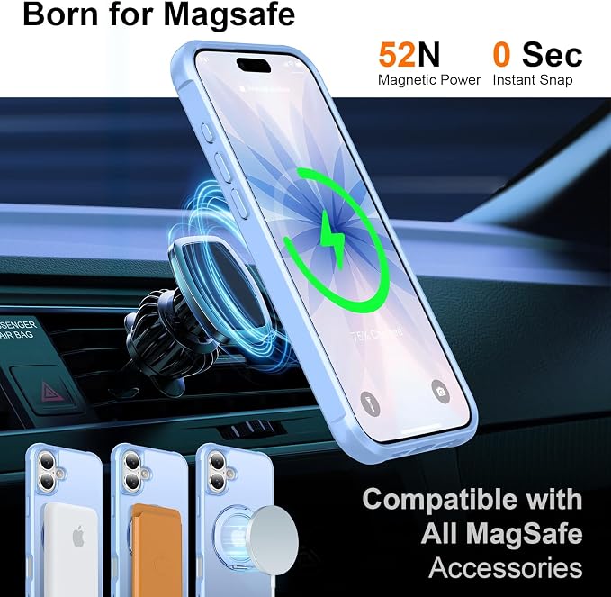 360° Magnetic Swivel Ring for iPhone 17 case, Built-in Metal Stand and Ring Holder, Magsafe Compatible, Military Grade Protection, Shock Resistant - Light Blue