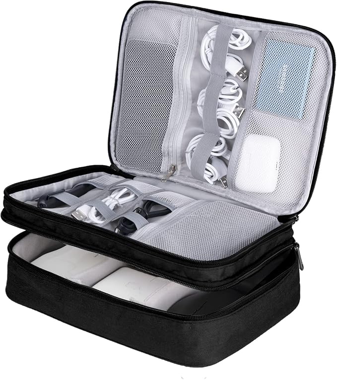 LENTION Double-Layer Cable Organizer Bag Portable Travel Digital Storage | Portable Carry Case Fits Power Bank, Earphone, Charger, Hard Drive; Waterproof Fabric Keeps Digital Accessories Tidy on Trip