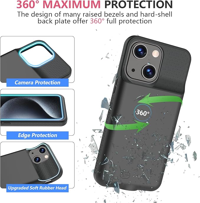 BOPPS Battery Case for iPhone 15/15 Pro, Ultra-Slim 15W Fast Lightweight Powerful 7000mAh Charger Case Protection Anti-Slip Soft TPU Charging Case for iPhone 15,15 Pro 6.1'',Black
