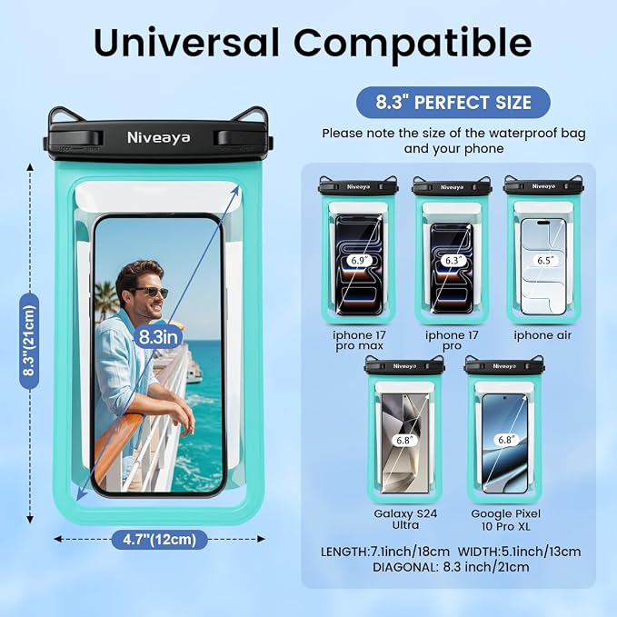 Niveaya Double Space Waterproof Phone Pouch, IPX8 Phone Case with Lanyard for iPhone 17 16 15 Pro Max, Galaxy S25 Ultra, Cellphone Dry Bag for Beach, Cruise Travel Ship Essentials 2 Pack (up to 8.3")