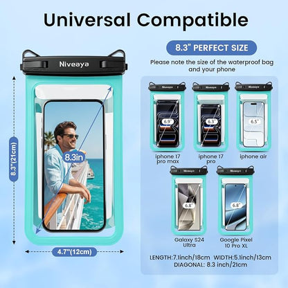 Niveaya Double Space Waterproof Phone Pouch, IPX8 Phone Case with Lanyard for iPhone 17 16 15 Pro Max, Galaxy S25 Ultra, Cellphone Dry Bag for Beach, Cruise Travel Ship Essentials 2 Pack (up to 8.3")