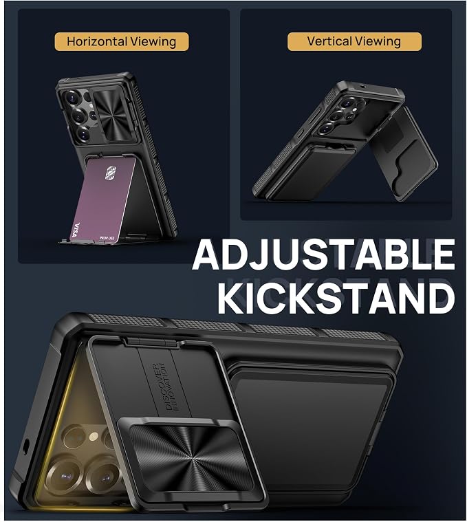 SSLOTSCASE for Samsung Galaxy S25 Ultra Case with 2X Screen Protector, HD Clarity Anti-Scratch, Card Holder & Kickstand & Slide Camera Lens Cover, Rugged Shockproof Phone Cover for S25 Ultra, Black